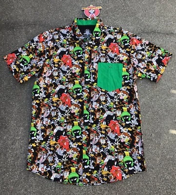 Looney Tunes Warner Brothers Button Up Shirt Mens Size M Black All Over Print  - Image 1 of 4