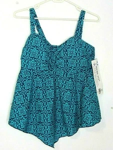 A Shore Fit Womens Colorful Blue Geo Print Ruched Tankini Top Swim Wear Sz 10 - Picture 1 of 10