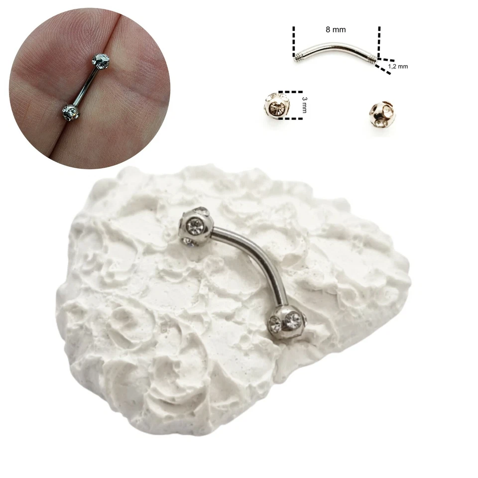 Piercing sopracciglia con brillantini orecchino banana curvo in acciaio e sfere - Immagine 1 di 4