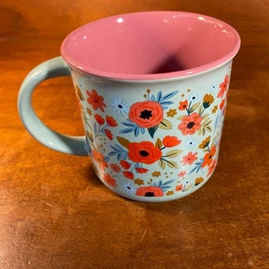 Floral Ceramic Mug With Pink Interior & Light Blue Exterior 12 Oz Hand-Painted L - Picture 1 of 6