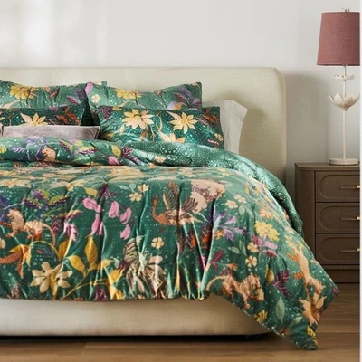 Anthropologie Laurel Quilt Comforter & Shams velvet reversible green floral KING - Image 1 of 4