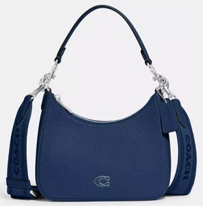NWT Coach Hobo CJ842 Small Shoulder X-Body Bag In DEEP BLUE Crossgrain Leather - Picture 1 of 21