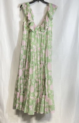 NWT Antonio Melani Women's Green Pink Floral Tiered Ruffle Cotton Dress Size 6 - Image 1 of 4