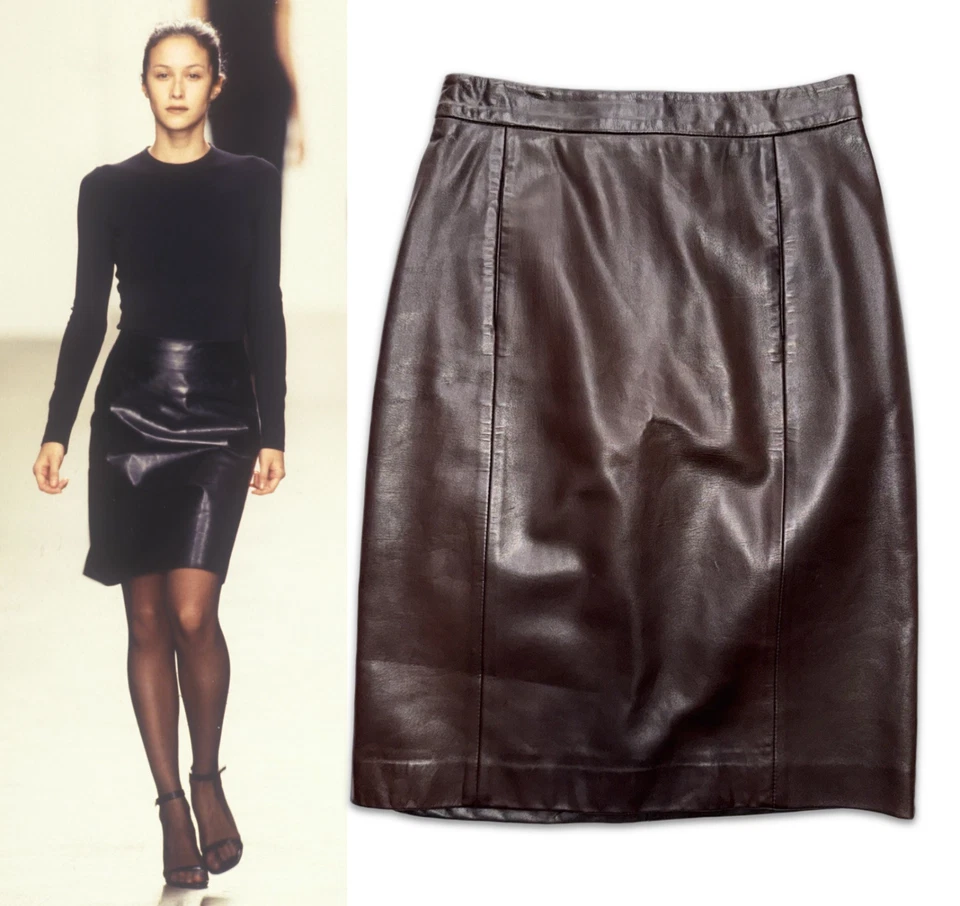 Vintage Calvin Klein Collection Fall 1999 Dark Brown Leather Pencil Skirt M - Image 1 of 4