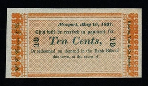 NEWPORT, RI 1837 10c W.C. Cozzens & Co. ¡HERMOSO BILLETE ROTO SIN CIRCULAR! - Imagen 1 de 2