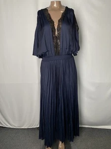 Maje Womens Maxi Dress Navy Blue Size XXL Pleated Skirt Lace V-Neck Short Sleeve - Picture 1 of 10