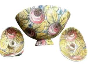 RARE MCM Rose Painted Italian Fratelli Fanciullacci Center Bowl & Candleholders - Picture 1 of 8