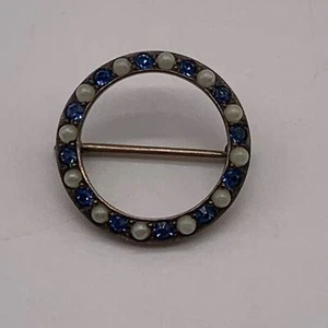 Vintage Sterling Silver Pin Brooch Blue Rhinestone Faux Pearl - Picture 1 of 11