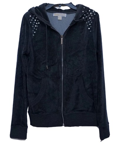 Felpa donna Michael Kors pile con cappuccio grigio XS full zip paillettes velluto