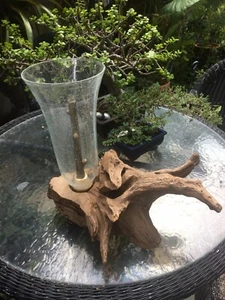 VINTAGE DRIFT WOOD TABLE HURRICANE LAMP W/ ANTIQUE SHADE NATURES ART - Picture 1 of 9