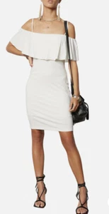Tart Alessandra Ivory Sz Small Ruffled Cold Shoulder Stretch Jersey Mini Dress - Picture 1 of 9
