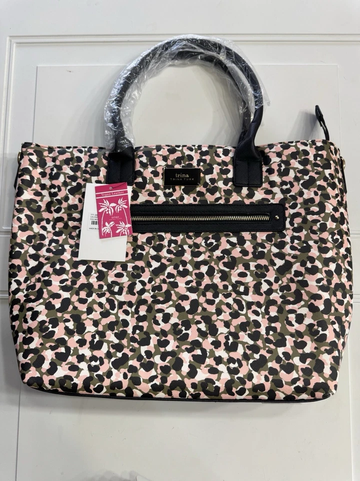 Trina Turk 托特包钱包豹纹可拆卸肩带素食皮革全新带标签 148 美元 — 第 1/4 张图片
