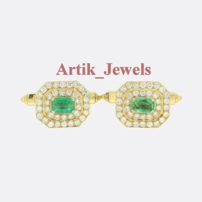 Labor Erstellt Smaragd Edelstein Mit 14K Vergoldet Silber Manschettenknopf #661 - Bild 1 von 4
