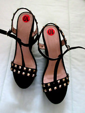 MADONNA BLACK SUEDE  GOLD STUDDED Ribbed White Sole HIGH WEDGE STRAP SANDALS NWD