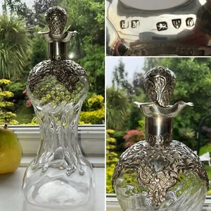 ANTIQUE SOLID SILVER MATTHEWS C1897 WRYTHEN GLASS GlugGlug PIERCED DECANTER 11” - Picture 1 of 23