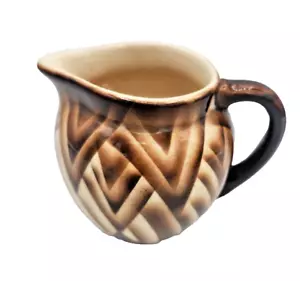 Vintage Retro Art Deco Creamer Small Pitcher Brown White Chevron Pattern Czech - Picture 1 of 11