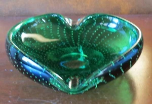 Murano Venezianischer Smaragdgrün Schwer Herz Kontrolle Blase Aschenbecher - Bild 1 von 4