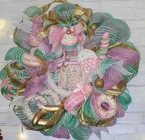 Shabby Cottage Sweet Shop Bakery Pink Mint Green & Gold 23" Large Wreath Decor - Picture 1 of 3