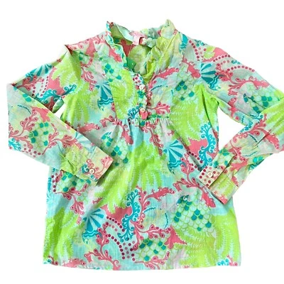 Top túnica Brynn de niña Lilly Pulitzer talla 10 azul surf estampado de lagarto a cuadros Foto 1 de 4