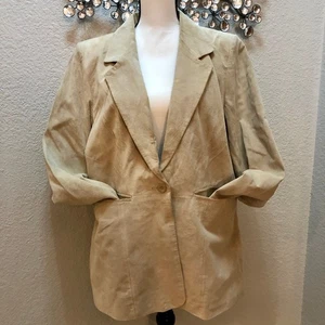 Vintage Denim & Co Cream Beige Suede Leather Blazer Jacket Women's Large 90s - Picture 1 of 8