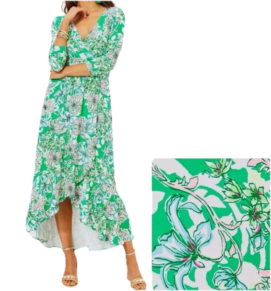 Lilly Pulitzer Maxi Dress Womens L Green Pink Moana Floral Tropical High Low - Image 1 of 4