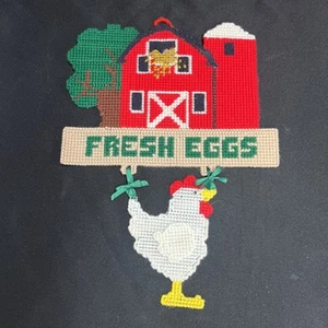 Handgefertigte frische Eier Scheune Huhn Kunststoff Garn Nadelspitze Wandkunst 14”x11” Vintage - Bild 1 von 10