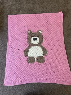 Handmade Crochet Pink  Teddy Bear Baby Blanket - image 1 of 4
