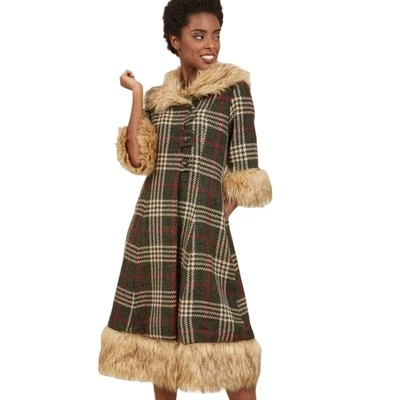 New  Modcloth Enjoying The Accolades Wool Blend Plaid Faux Fur Coat XS - Image 1 of 4