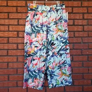NWT Wide Leg Crop Pull On Pant Sz L Tropical Floral Resort Beach Colorful Bright - Picture 1 of 8