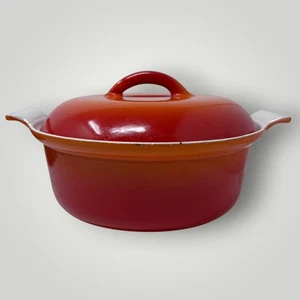 Horno holandés de hierro fundido esmaltado vintage Descoware Bélgica llama naranja rojo 2 cuartos - Imagen 1 de 7