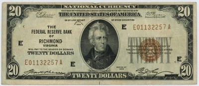 Billete de 20 dólares de la Reserva Federal de Estados Unidos de 1929 - Richmond, Jones-Woods, FR 1870E Foto 1 de 2