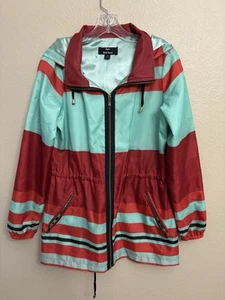 Dennis Basso Water Resistant Hooded Jacket Size XS Unique Red Chartreuse Striped - Picture 1 of 6