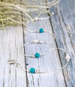 925 Sterling Silver Anklet – Blue Turquoise & Pearl Ankle Bracelet Chain - Picture 1 of 8