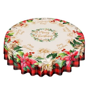 Buffalo Check Plaid Christmas Round Tablecloth Traditional Poinsettia Print R... - Picture 1 of 7