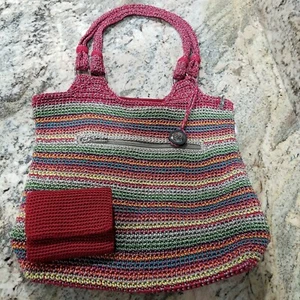 The Sak Handbag & Wallet Crochet Shoulder Bold Multi Stripe Large Tote Excellent - Picture 1 of 9