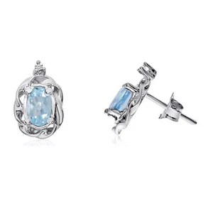 14k White Gold Aquamarine Scroll Diamond Earrings - Picture 1 of 3