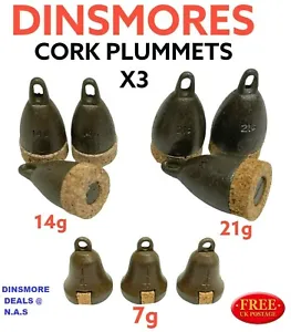 DINSMORES NON TOXIC CORK PLUMMETS SET OF THREE 14g OR 21g SIZE - COARSE FISHING - Picture 1 of 2
