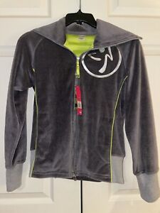 NWT Zumba Gray Velour Track Suit Long Sleeve Zip Up Logo Neon Workout Sz S