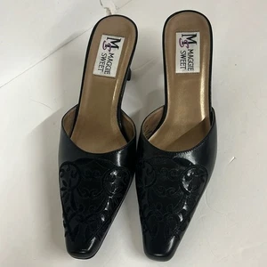 MAGGIE SWEET Negro Bordado CUERO Mules Tacones Zapatos 8 - Imagen 1 de 8