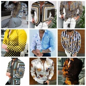 Button Up Shirt Men's Baroque Fashion Casual Party Long Sleeve Tee Classic Dress - Picture 1 of 11
