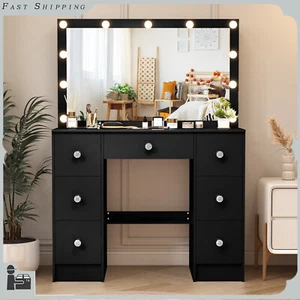 Black Dressing Table Makeup Desk Vanity Set with Large LED Mirror and 7 Drawers - Picture 1 of 10