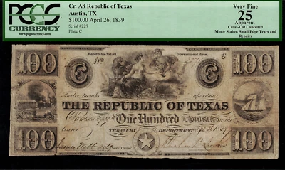 1839-41 $100 Obsolete - Austin, Texas - Republic of Texas - PCGS 25 apparent - Image 1 of 2