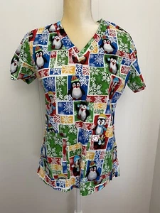 Peaches Womens Small Scrub Nurse Top Penguins Winter Snow Christmas Holiday - Picture 1 of 11