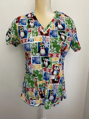 Peaches Womens Small Scrub Nurse Top Penguins Winter Snow Christmas Holiday - Image 1 of 4