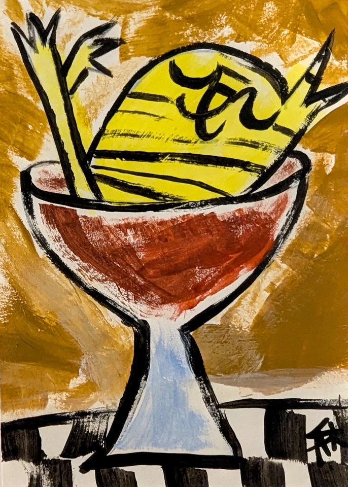 ACEO Cat Painting Original Collectible Wine Bath Folk Art By Samantha McLean - Image 1 of 1