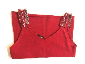 CHANEL 100% Cashmere red tank vest sweater eyelash detail tweed straps 38 S M - Picture 1 of 3