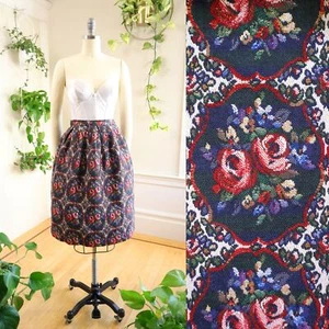 Vintage 1950s Skirt 50s Metallic Rose Cotton Tapestry Brocade Blue Swing Party - Picture 1 of 8