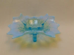 Antique Northwood Blue Opalescent Footed Glass Bowl Trees and Leaves - Picture 1 of 8