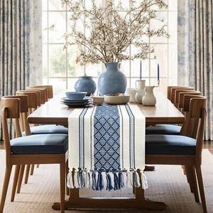 Blue and White Table Runner Farmhouse - Woven Summer 72 inches Blue Stripe - Picture 1 of 9