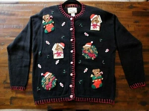 Vintage Damen schwarz Weihnachten Teddybär Filz Applikation bestickt Cardigan L - Bild 1 von 11